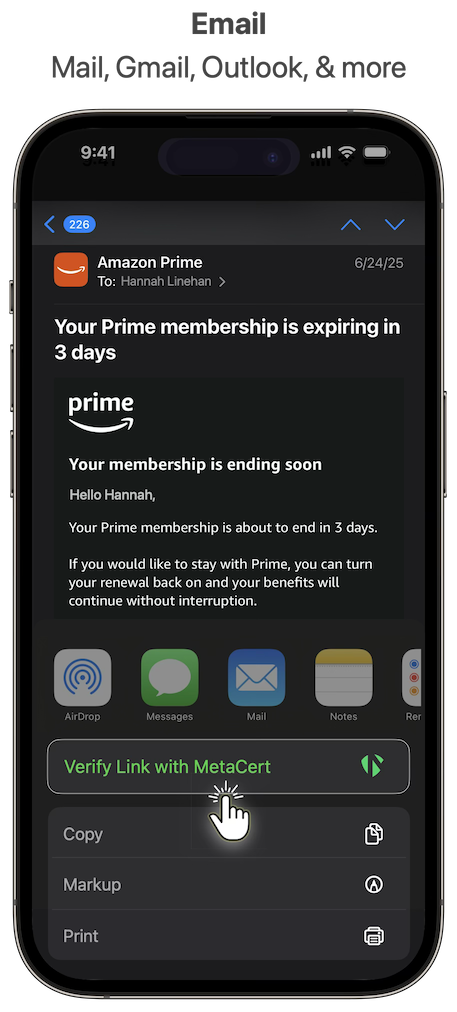 Amazon Prime phishing email with Link Verifier option in iPhone share menu