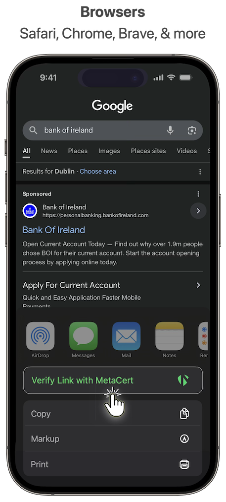 Google search for Bank of Ireland with MetaCert Link Verifier option in iPhone share menu