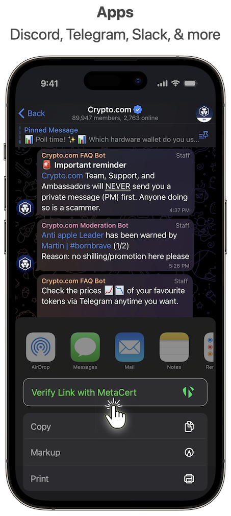Crypto.com Telegram chat showing MetaCert Link Verifier option in iPhone share menu