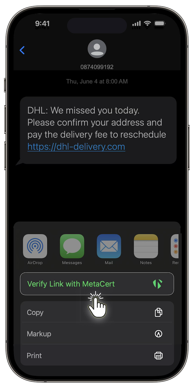 Screenshot of a fake DHL delivery text message containing a suspicious link