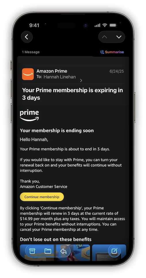 Screenshot of an Amazon Prime renewal reminder email displayed on an iPhone.