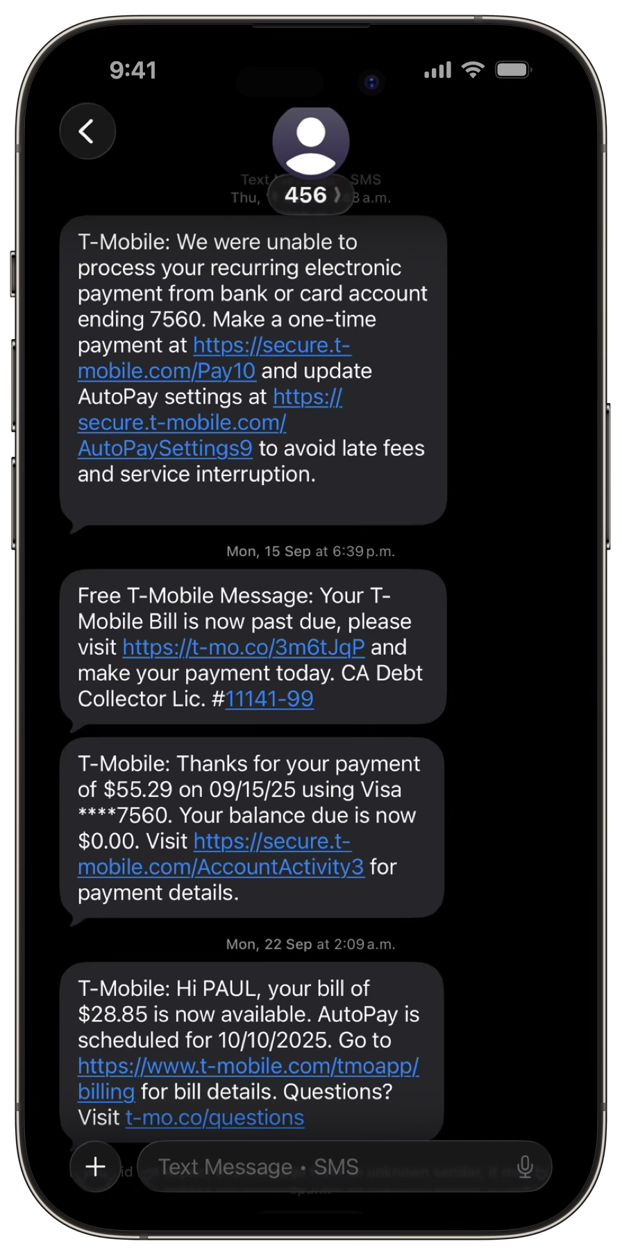 T-Mobile phishing text messages shown on an iPhone screen.