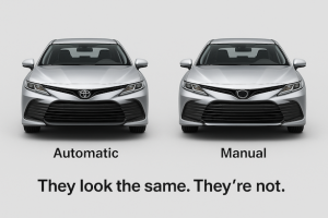 Two identical silver cars side by side, one labeled Automatic and the other Manual, with the caption below reading “They look the same. They’re not.”