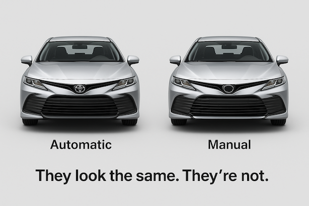 Two identical silver cars side by side, one labeled Automatic and the other Manual, with the caption below reading “They look the same. They’re not.”