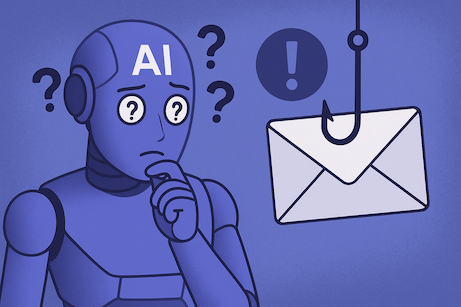 Illustration of an AI robot looking confused at a phishing email hooked on a fishing line, symbolising how artificial intelligence struggles to detect phishing threats.