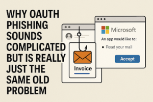 Illustration showing a phishing email disguised as an invoice and a fake OAuth permission screen that asks the user to read their mail.