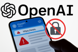 A smartphone displaying the ChatGPT Atlas browser with a red warning icon and a crossed-out padlock symbol, highlighting security concerns, set against the OpenAI logo in the background.