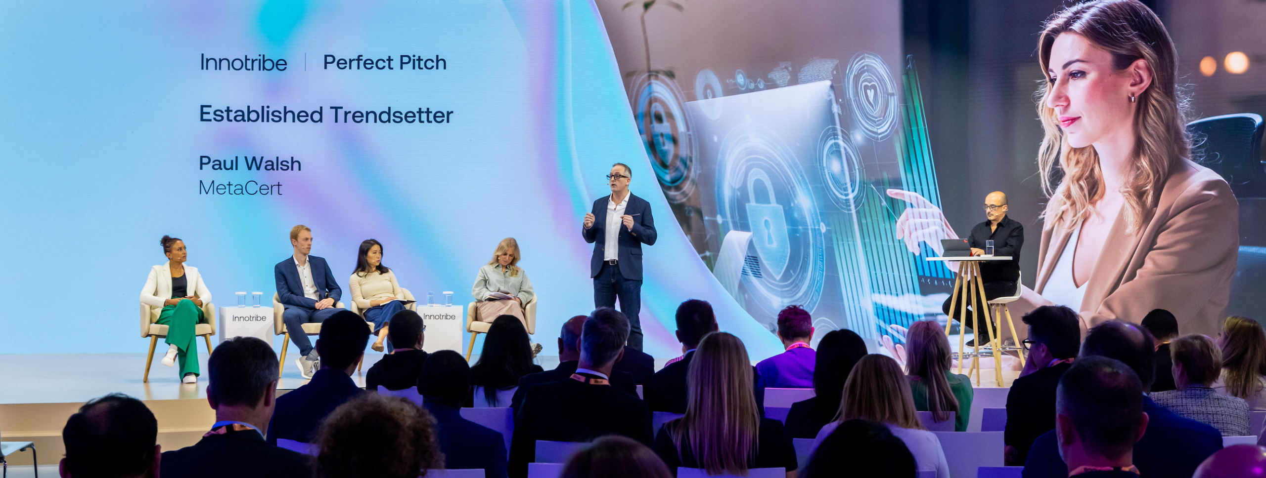 Paul Walsh from MetaCert speaking on stage at the Sibos Innotribe Perfect Pitch competition.