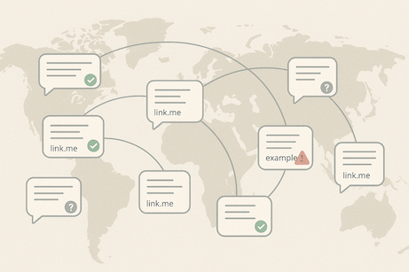 Minimalist illustration of a world map overlaid with speech bubbles representing text messages containing links, some marked safe, some dangerous, and some unknown, using soft neutral colours and clean geometric lines.