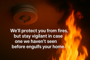 A ceiling-mounted smoke alarm glows faintly above bright orange flames rising below, with text that reads, “We’ll protect you from fires, but stay vigilant in case one we haven’t seen before engulfs your home.”
