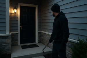 Front entrance of a suburban house with a closed door and scattered tools on the ground, symbolising that only the entry point matters, not how the tools were made.