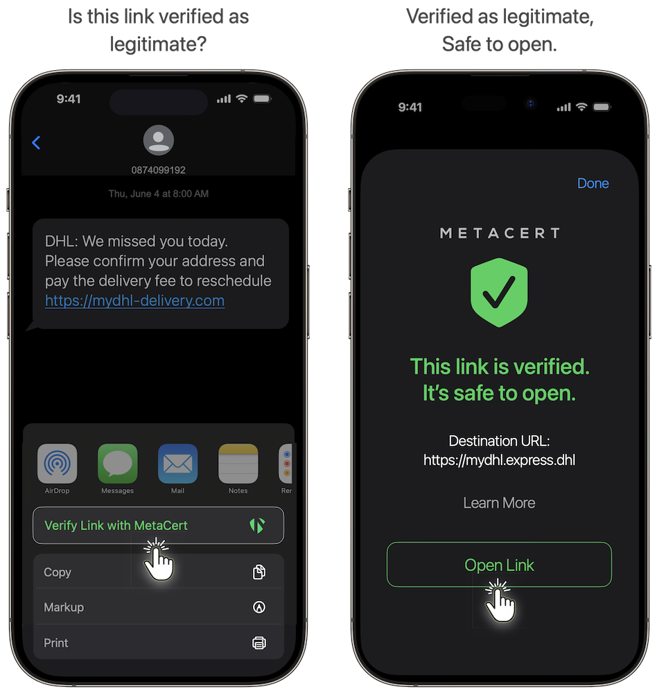 Two iPhones showing MetaCert verifying a DHL delivery link as legitimate.