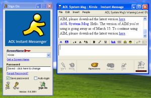 Screenshot of an old AOL Instant Messenger phishing message prompting the user to download a new version via a link.