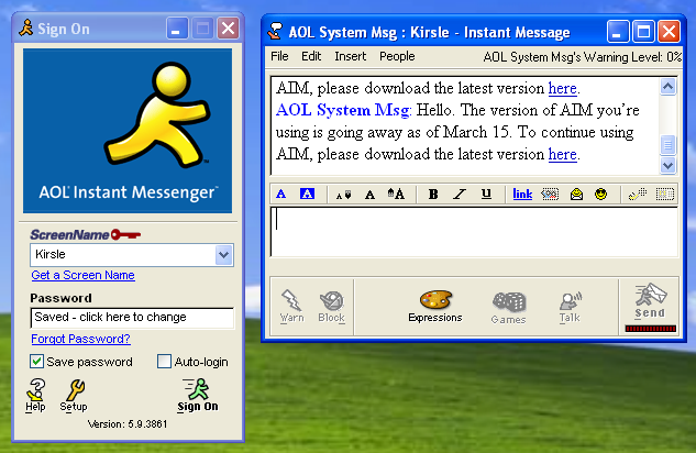 Screenshot of an old AOL Instant Messenger phishing message prompting the user to download a new version via a link.