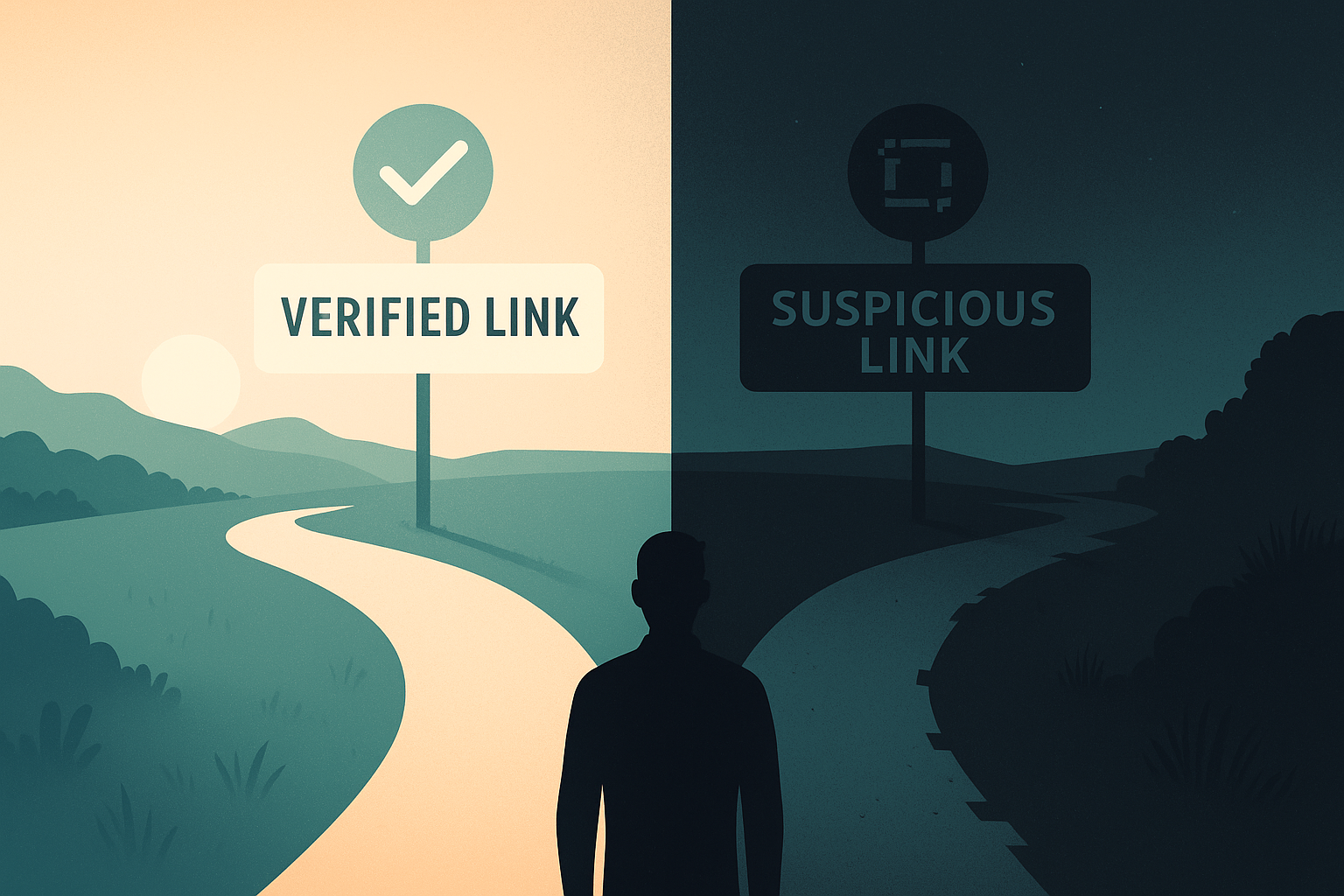 A person stands at a fork in the road, with one path labelled “Verified Link” in bright daylight and the other labelled “Suspicious Link” in darkness, symbolising the choice between safe and unsafe online actions.