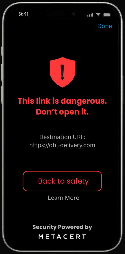 Mobile security screen showing a red shield warning that a link is dangerous with instruction not to open it.