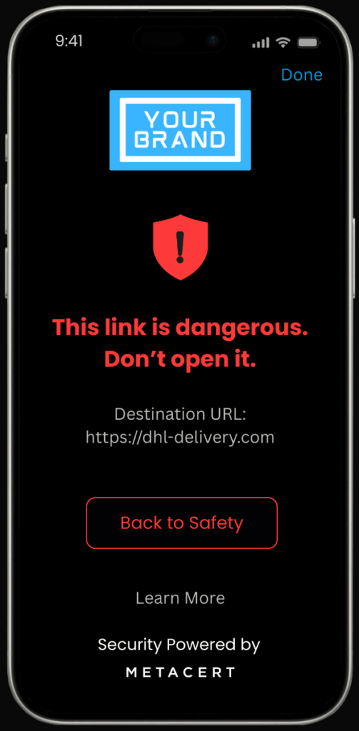 Mobile security screen showing a branded warning that a link is dangerous and shouldn’t be opened.