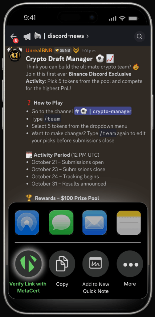 iPhone screen showing a Discord channel post about a crypto draft manager activity with the iOS share menu open.