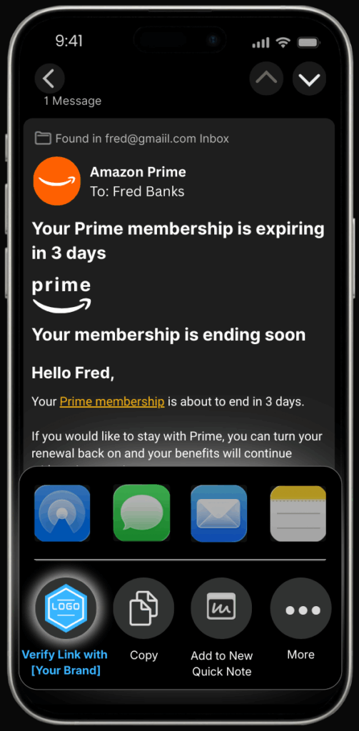 iPhone screen showing a Gmail message from Amazon Prime about a membership expiring in 3 days, with the iOS share menu open and a branded link verification option visible.