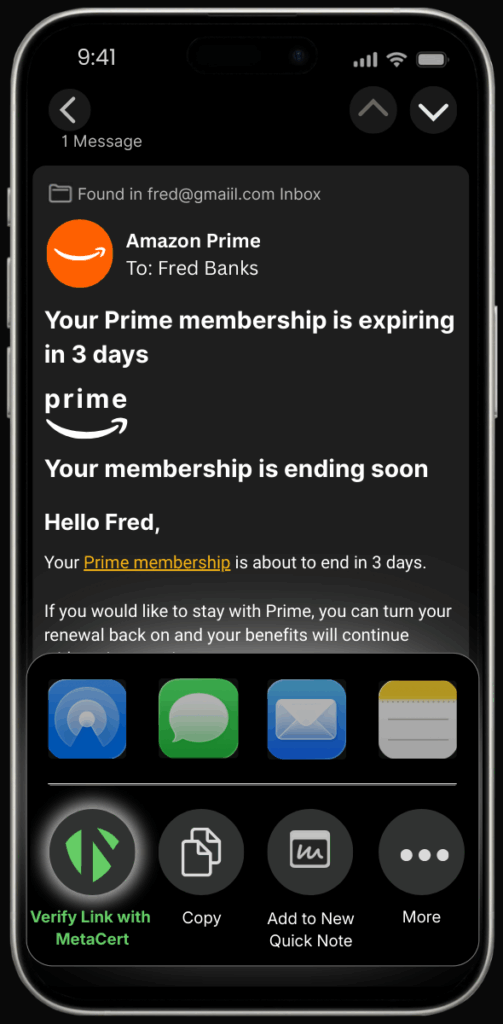 iPhone screen showing a Gmail message from Amazon Prime about a membership expiring in 3 days with the iOS share menu open.