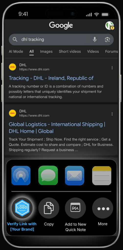 iPhone screen showing Google search results for “dhl tracking,” with DHL listings visible and the iOS share menu open with a branded link verification option.