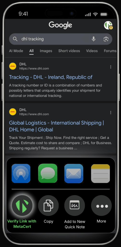iPhone screen showing Google search results for “dhl tracking” with official DHL listings and the iOS share menu open.