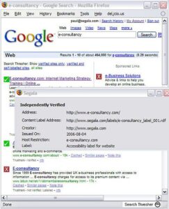 Early Firefox browser extension showing trust and verification indicators directly inside Google search results using semantic content labels.