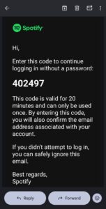 Email from Spotify showing a one time login code for passwordless sign in.