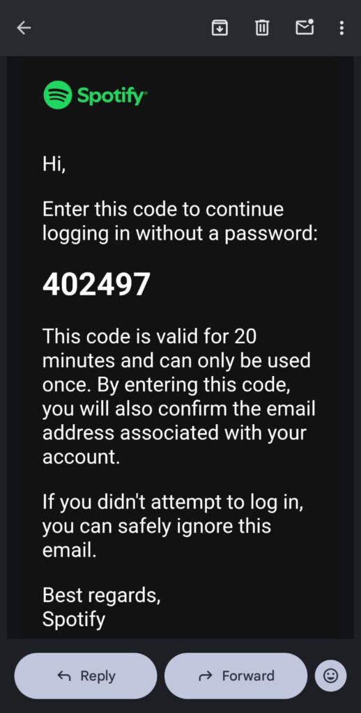 Email from Spotify showing a one time login code for passwordless sign in.