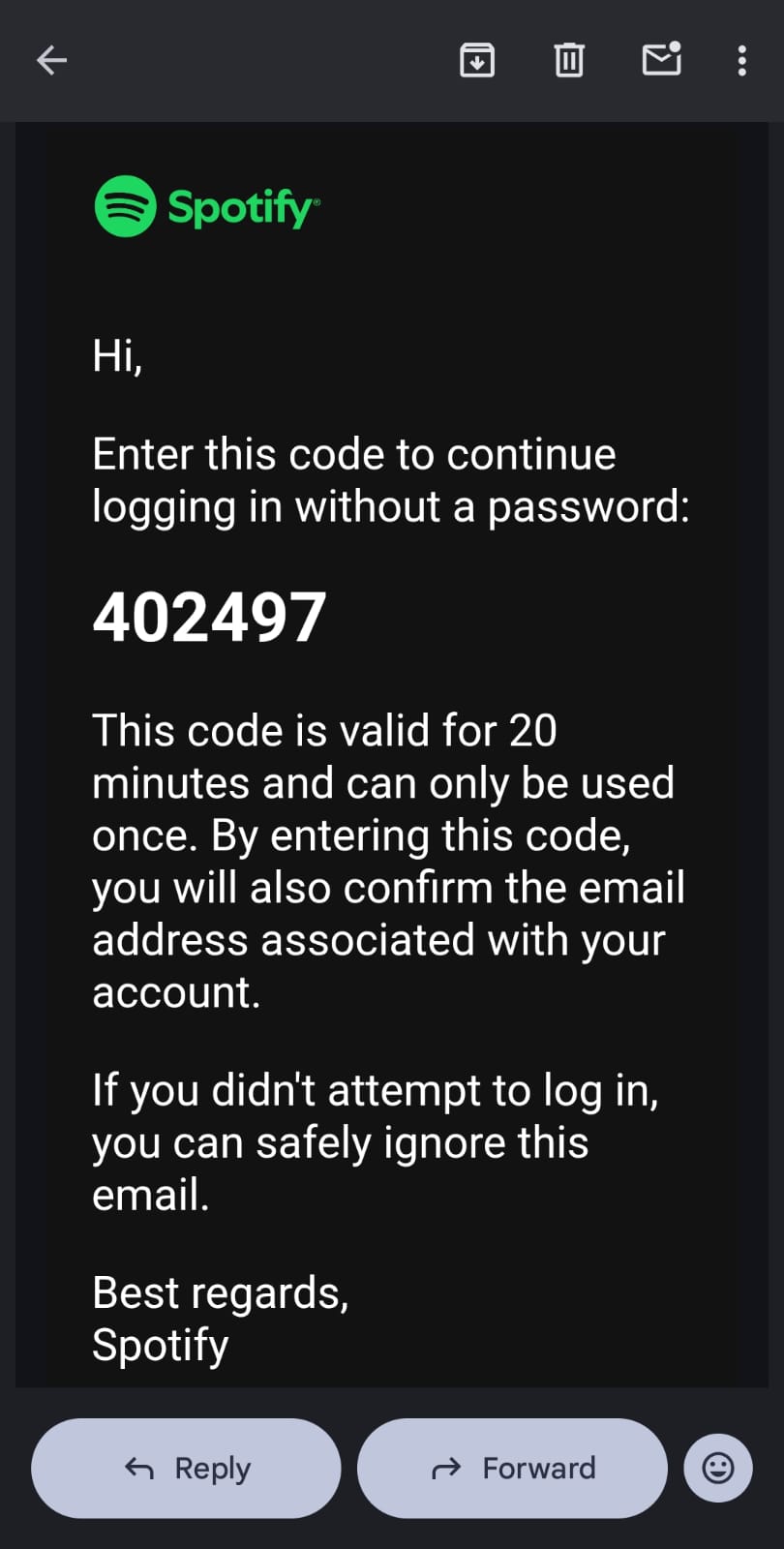 Email from Spotify showing a one time login code for passwordless sign in.