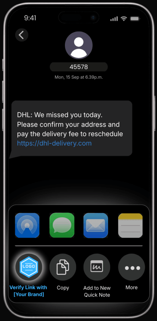 SMS phishing message claiming to be from DHL with a delivery link and the iOS share menu open to verify the link.