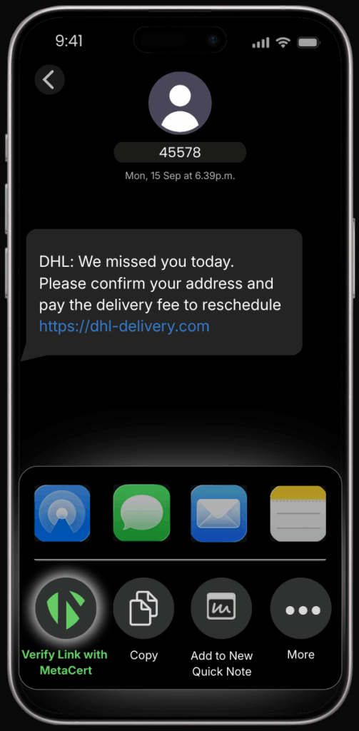 iPhone Messages screen showing a text from number 45578 claiming to be DHL with a delivery notice and a web link.