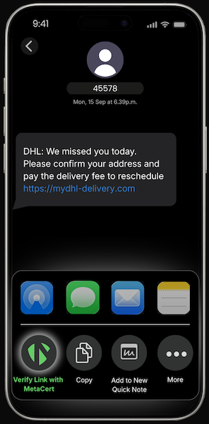 iPhone Messages screen showing a text from number 45578 claiming to be DHL with a delivery notice and an unverified web link.