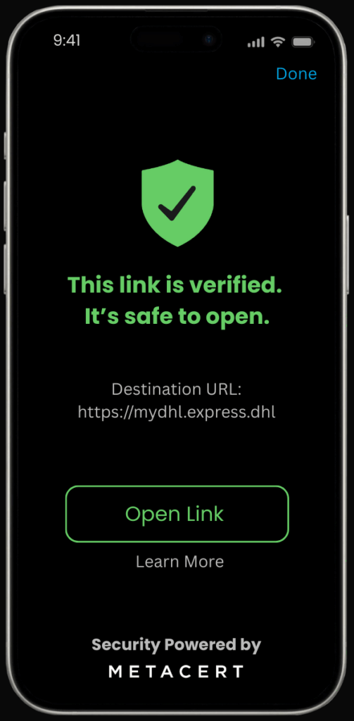 iPhone screen showing MetaCert’s verification result with a green shield icon and confirmation that the link is verified, followed by an Open Link button.