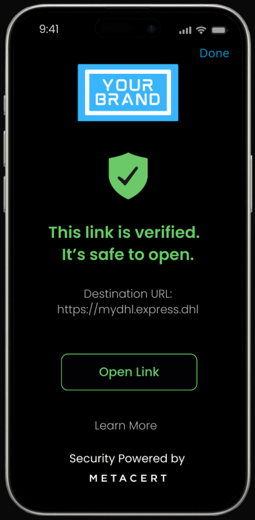 iPhone screen showing a link verification result with a green shield stating the link is verified and safe to open, branded with “Your Brand.”
