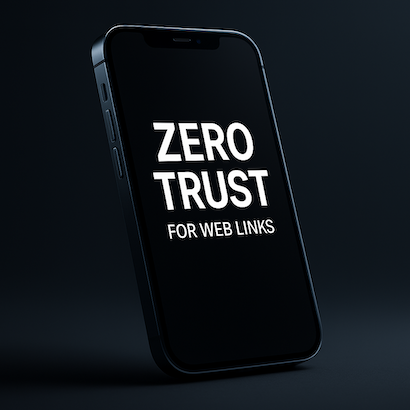 A dark, minimalist landscape image featuring a modern smartphone standing upright. The phone’s screen displays the text “ZERO TRUST FOR WEB LINKS” in bold white lettering against a black background.